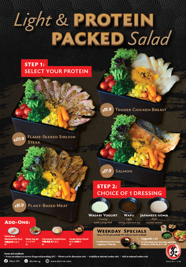 Aburi-EN Light & Protein-Packed Salad - build your bowl with flame-seared sirloin steak, salmon, chicken breast or plant-based meat and your choice of dressing